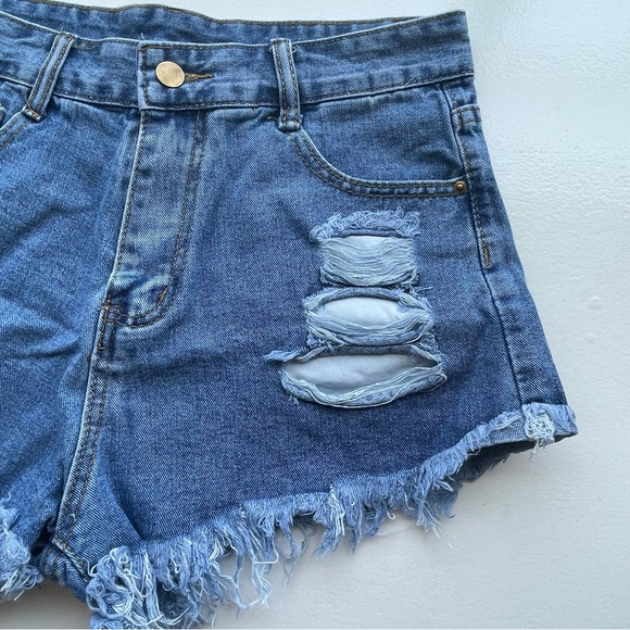 October Love frayed & distressed blue jean shorts - Picture 3 of 8